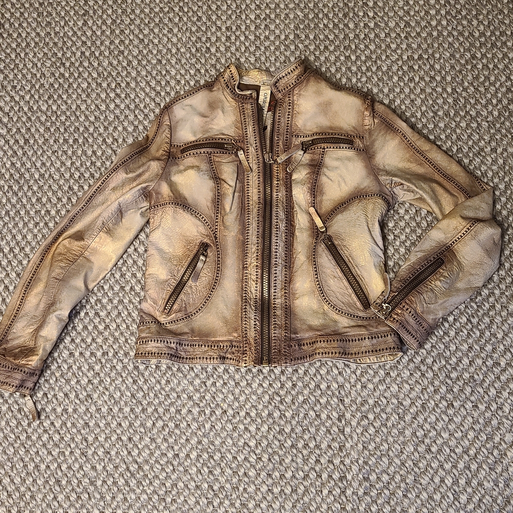Brown Leather Jacket with Zipper Details